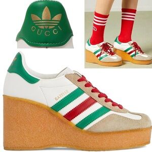 Gucci/Adidas- White & Green Sneakers with Gold Accents. *Limited Edition Collab*